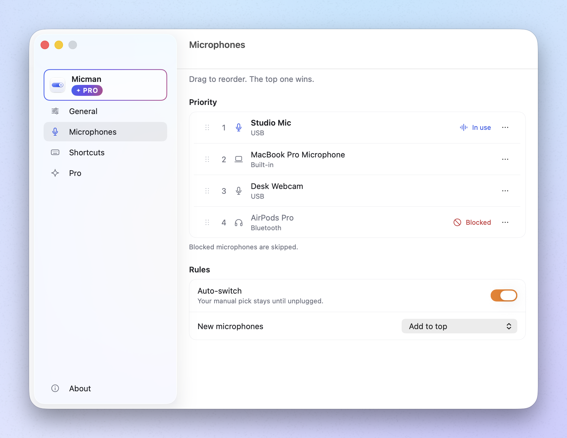 The microphone priority list in Settings, with AirPods Pro blocked.