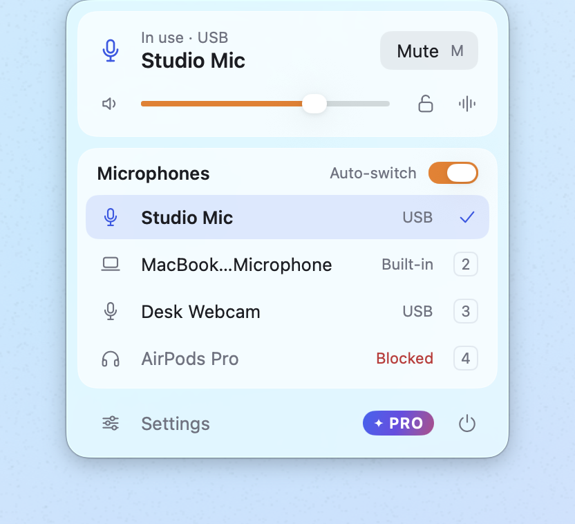 The Micman menu bar panel: Studio Mic in use, AirPods Pro blocked.