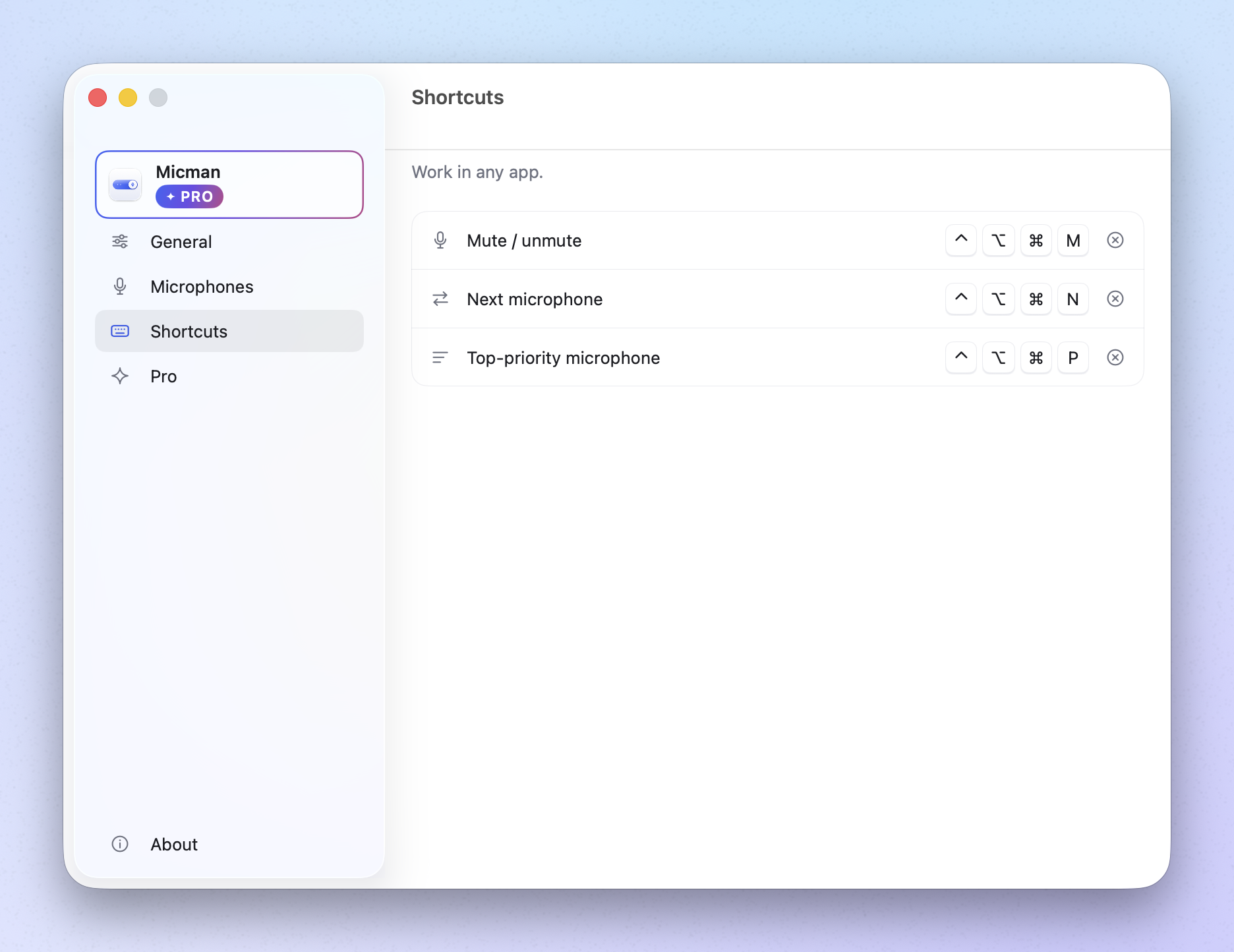 The shortcut list in Settings.